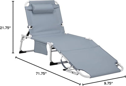 Outdoor Chaise Lounge with Detachable Pillow, Reclining Folding Chair with 5-Position Adjustable Back, Portable Tanning Chair For Beach, Pool, Lawn, Breathable Mesh Seat, No Assembly (Grey 2)