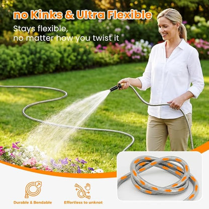 Rosy Earth Expandable Metal Garden Hose 50 FT - 304 Stainless Steel Water Hose 50 FT - Lightweight non Kinking Flexible Garden Hose, no Bite