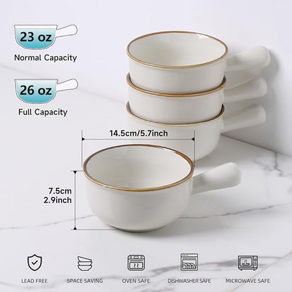 MONITO 26 Oz French Onion Soup Bowls, Ceramic Soup Bowls with Handles, Stackable Soup Crocks, Oven/Microwave/Dishwasher Safe, for Cereal, Soups, Casseroles