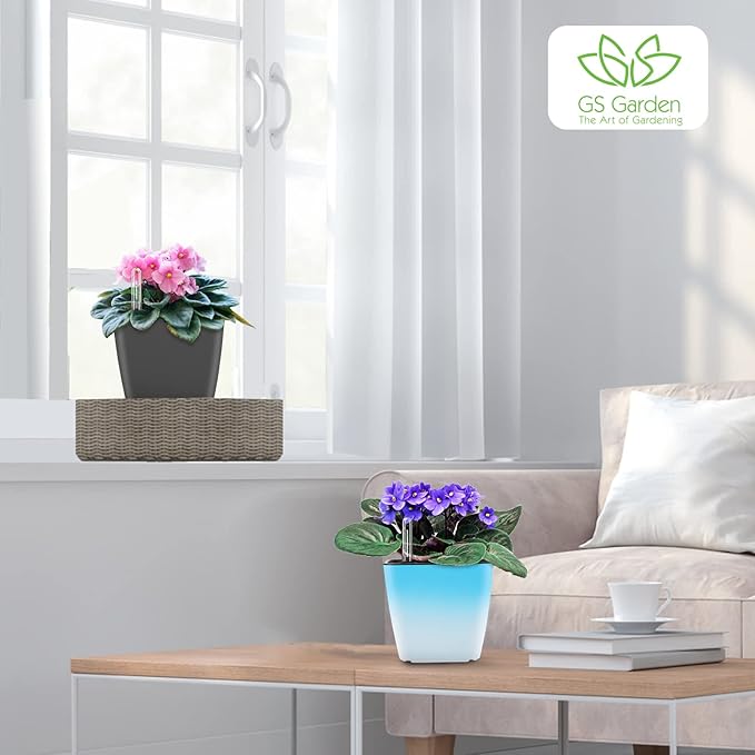 Self Watering Planters for Indoor Plants, 5.2 Inch 3 Pack Square Plastic Plant Pots with Water Level Indicator & Drainage System for African Violet Herbs Succulents - Gradient Blue