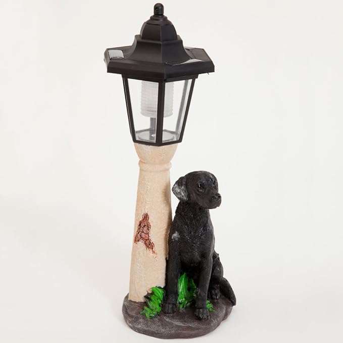 Bits and Pieces – Solar Dog Lantern (Black Lab) – Solar-Powered Resin Garden Sculpture with LED Light, Hand-Painted, Auto-On Rechargeable Battery, On/Off Switch – 13.5" Tall