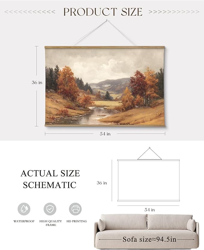 ARPEOTCY Extra Large Vintage Framed Wall Art, 36x54 Inch Autumn Landscape Wall Art, Nature Forest Landscape Wall Decor Oil Painting, Vintage Fall Farmhouse Wall Decor for Living Room Fireplace Bedroom