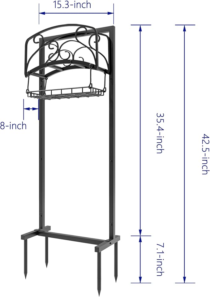 Kingson Portable Garden Hose Holder with Storage Basket - Heavy-Duty Freestanding Steel Stand, Holds 150FT Hose, Black Powder-Coated Finish, Detachable & Space-Saving Design with Tools