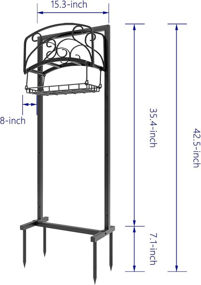 Kingson Portable Garden Hose Holder with Storage Basket - Heavy-Duty Freestanding Steel Stand, Holds 150FT Hose, Black Powder-Coated Finish, Detachable & Space-Saving Design with Tools