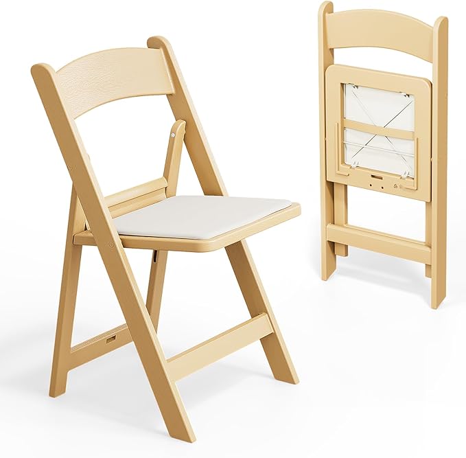 VINGLI Resin Folding Chairs with Cushion, Foldable Plastic Chair with Comfortable Padded Seats, Perfect for Event Party Indoor Outdoor, Natural, 2 PC
