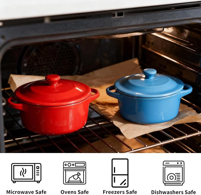 6 Pack Ceramic Ramekins Lids Mini Cocotte 8 OZ Ceramic Oven Safe | Round Small Baking Individual Serving Pot, Lasagna Souffle Soup Bowls, Oven Safe Kitchenware, Handles Round, 6 Colors