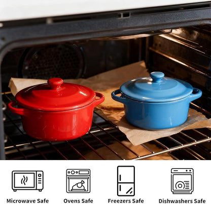 6 Pack Ceramic Ramekins Lids Mini Cocotte 8 OZ Ceramic Oven Safe | Round Small Baking Individual Serving Pot, Lasagna Souffle Soup Bowls, Oven Safe Kitchenware, Handles Round, 6 Colors