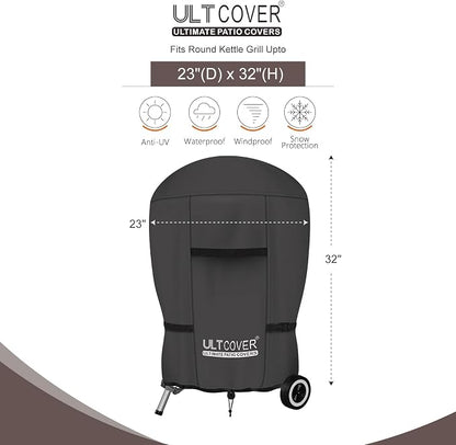 ULTCOVER Outdoor Waterproof Charcoal Kettle Grill Cover for Most 18 inch Round Smoker Size Up to 23” Dia x 32” H, Black