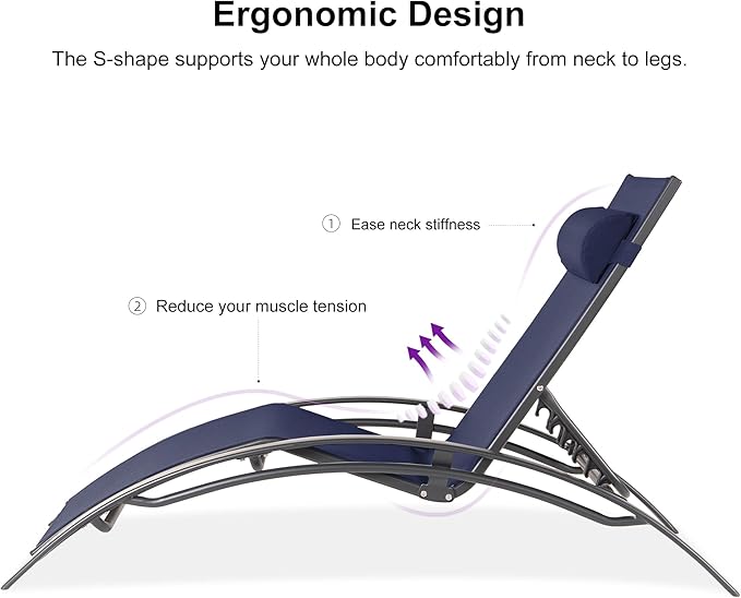 PURPLE LEAF Patio Chaise Lounge Set Outdoor Beach Pool Sunbathing Lawn Lounger Recliner Outside Tanning Chairs with Arm for All Weather Side Table Included Navy Blue