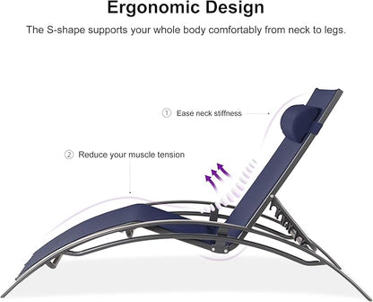 PURPLE LEAF Patio Chaise Lounge Set Outdoor Beach Pool Sunbathing Lawn Lounger Recliner Outside Tanning Chairs with Arm for All Weather Side Table Included Navy Blue