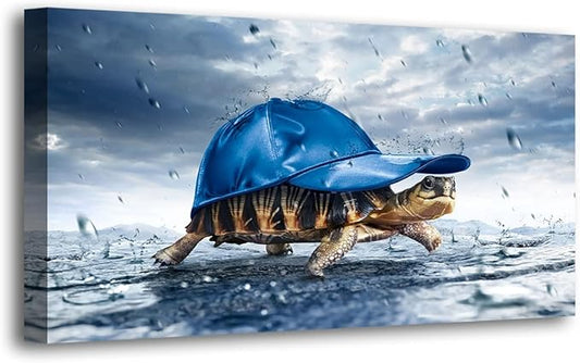 Haichuang Decor Art Funny Turtle Canvas Wall Art 40x20 Inches Framed Turtle with Blue Cap Wall Decor Wood Frame Waterproof HD Giclee Print Ready to Hang Humor Animal Artwork for Living Room Bedroom Bathroom