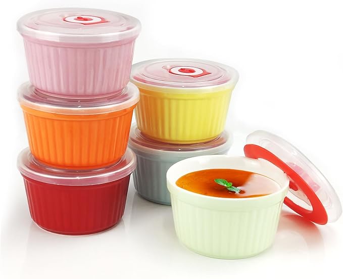 8OZ Ceramic Ramekins with Lids Set of 6 for Baking | Colorful Ceramic Cups, Dishwasher & Oven Safe, for Baking, Ceramic Custard Cups,dips