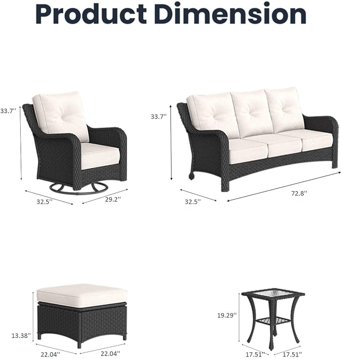6 Pieces Outdoor Patio Furniture Sets with Rocking Swivel Chairs with 6-inch Thick Cushion and Side Table for Deck Lawn