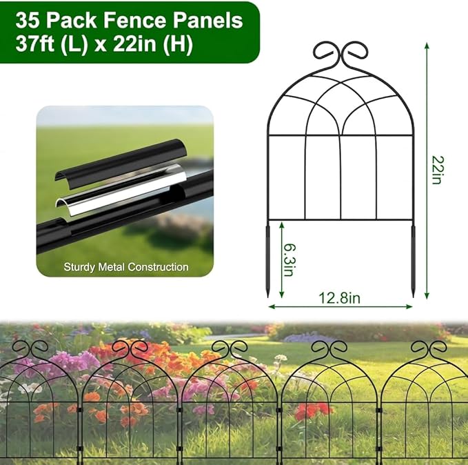 CADUEK 37ft (L) x 22in (H) Decorative Garden Fencing Border, 35 Pack Small Fence Panels, Rustproof Garden Fence Animal Barrier for Landscape Patio Yard Outdoor