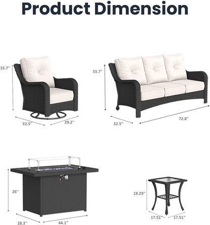 5 Pieces Outdoor Patio Furniture Sets with Rocking Swivel Chairs with 6-inch Thick Cushion and Fire Pit Table for Deck Lawn