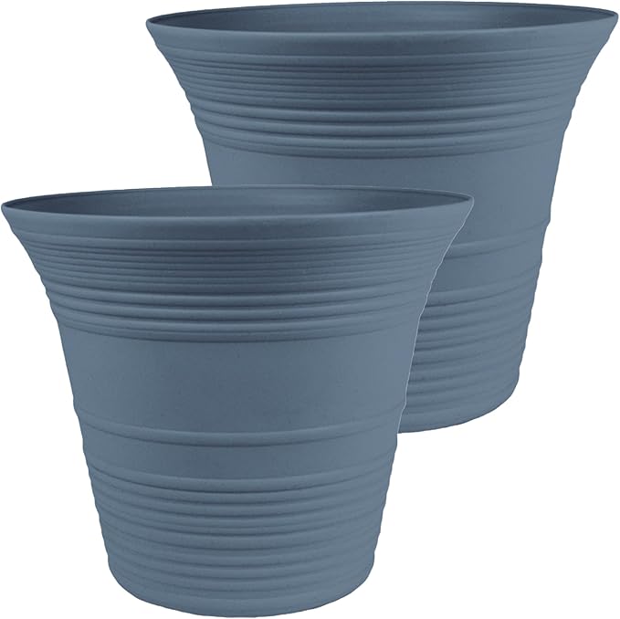 The HC Companies 19 Inch Sedona Round Self Watering Planter Pots, Lightweight UV-Resistant Plastic Indoor & Outdoor Planters, 2-Pack Flower Pots for Garden & Home Decor, Slate Blue