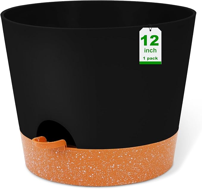 GARDIFE 12 inch Plant Pots, planters, Self Watering Pots, Large Plastic Flower pots with Deep Reservior and High Drainage Holes for Indoor Outdoor Plants and Flowers, Black