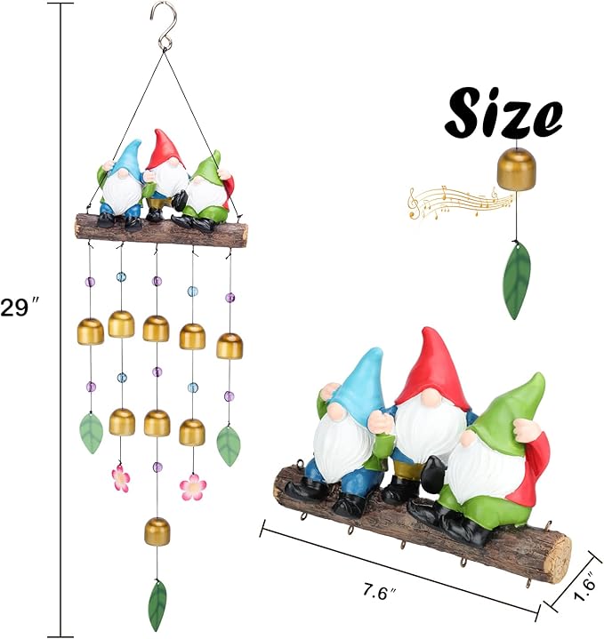 Taman Wind Chime for Outside - Gnomes Windchime for Outdoor Garden Decorative Metal Bronze Mobile Wind Chime Memorial Sympathy Gift for Home, Outdoor, Yard, Patio,Garden Decor, 29"