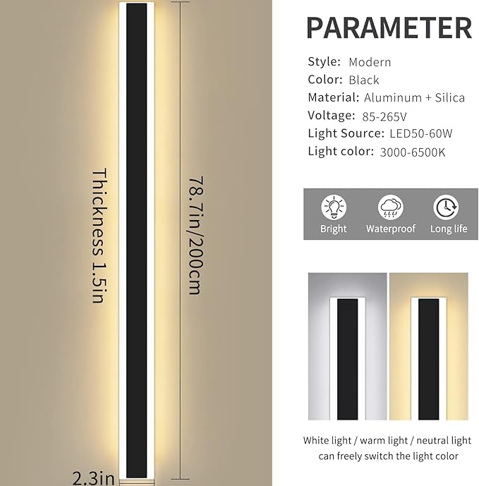 Mikeru Modern Long LED Wall Light, 3000k-6000k Dimmable Outdoor Wall Sconce 78.8inch Black Outdoor Exterior Lights with Remote Control Ip65 Waterproof Anti-Rust Linear Long Porch Lights