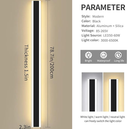 Mikeru Modern Long LED Wall Light, 3000k-6000k Dimmable Outdoor Wall Sconce 78.8inch Black Outdoor Exterior Lights with Remote Control Ip65 Waterproof Anti-Rust Linear Long Porch Lights