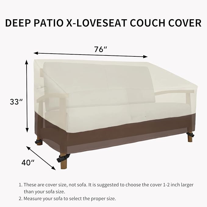 Easy-Going Heavy Duty Waterproof Outdoor 2-Seater Patio Couch Cover - Windproof with Air Vent (76Wx40Dx33H inch, Beige/Dark Brown)