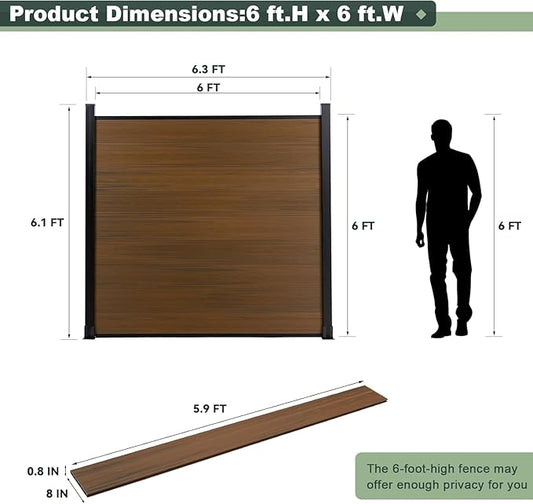 Mondaria Privacy Fence Panels for Outside,6ft(W) x 6ft(H) Outdoor Privacy Panels with 2 Posts,Wind Resistant Wood Plastic Composite Fencing for Patio,Backyard,Garden, Swimming Pool, Brown