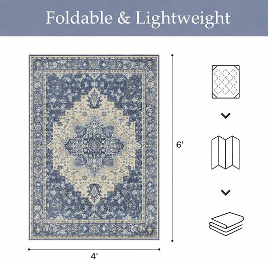GENIMO Outdoor & Indoor Area Rug 4'x6', Waterproof, Non-Shedding, Easy Cleaning, Boho Mat for Patio, Living Room, Balcony, Dining Room, RV, Deck, Bedroom, Camping, Outside Carpet,Center Blue