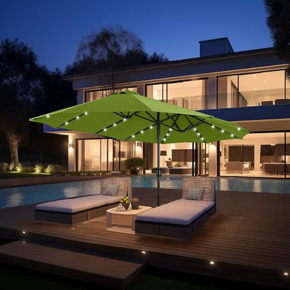 GREEN PARTY 15 ft Rectangle Patio Umbrella with Solar Lights and Base Included, Double-Sided Market Table Umbrella with Crank, Large Outdoor Umbrellas for Patio Poolside Garden Backyard, Lime Green