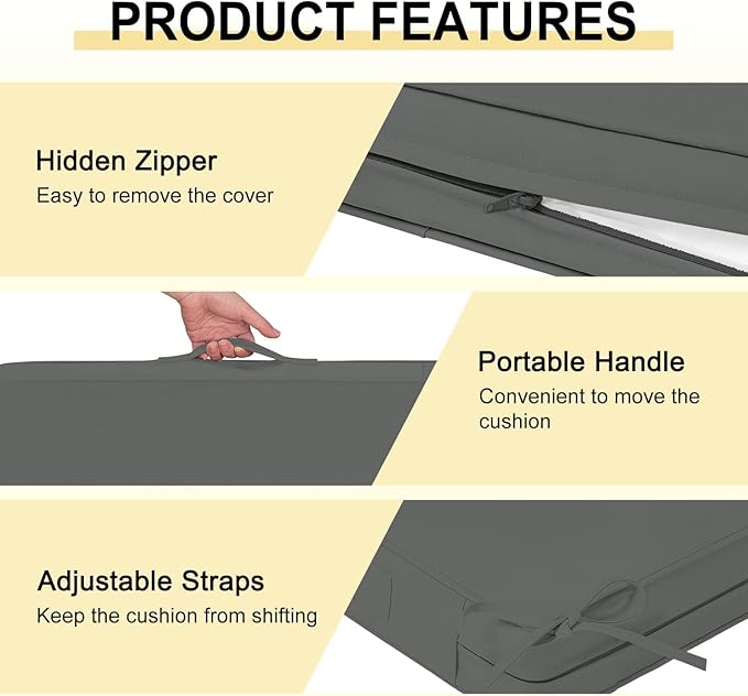 downluxe Waterproof Outdoor Chair Cushions for Patio Furniture, 22" x 22" x 3" Patio Chair Cushion with Non-Slip Ties & Portable Handle, Square Outdoor Cushion with Removable Cover, Dark Grey, 2 Pack