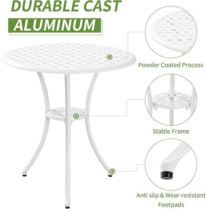 Cast Aluminum Bistro Table and Chairs Set of 2 with 1.97" Umbrella Hole,Weather Resistant 3 Piece Bistro Patio Set Outdoor Patio Furniture Set for Front Porch,Garden,Woven White