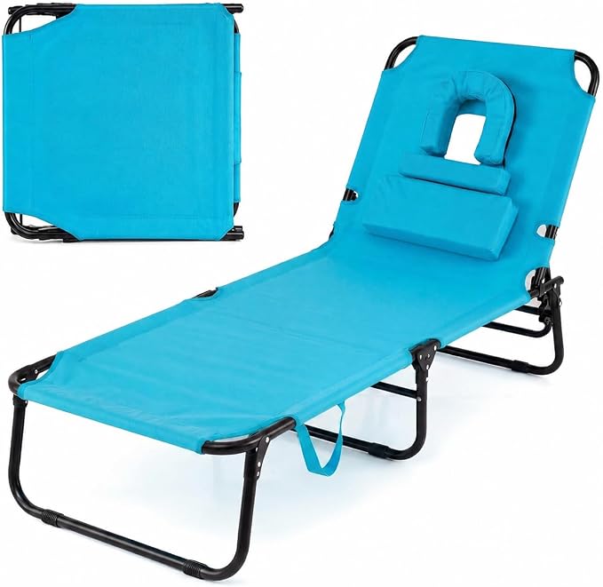 Folding Beach Lounge Chair w/ 5 Adjutable Backrest & Padded Pillow, Sunbathing Lounger Chair, Sun Tanning Lay Flat Chair for Seaside Pool Deck, Max Load 330 LBS, No Assembly Required (Navy)