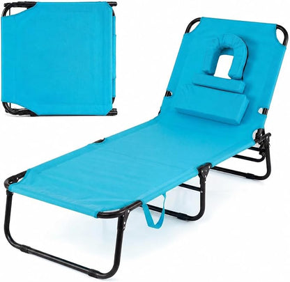 Folding Beach Lounge Chair w/ 5 Adjutable Backrest & Padded Pillow, Sunbathing Lounger Chair, Sun Tanning Lay Flat Chair for Seaside Pool Deck, Max Load 330 LBS, No Assembly Required (Navy)