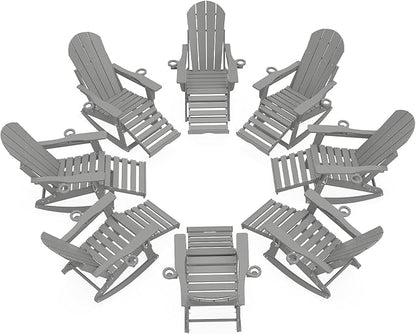 Adirondack Rocking Chairs Set of 8 with Retractable Ottoman, All Weather Folding Adirondack Chair with Two Cup Holders, Adirondack Outdoor Rocking Chairs for Porch, Patio, Balcony. White Grey