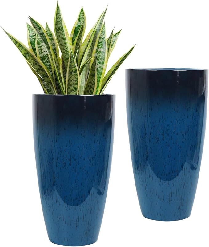 Set of 2 Large 21" Tall Planters for Indoor Outdoor, Heavy-Duty Resin with Drainage Holes & Unique Textured Design, Perfect for Porch, Patio, Backyard Home Decor, Blue
