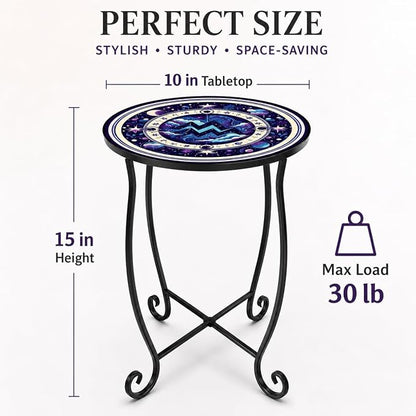 15 Inch Tall Patio Side Table, Small Patio Table for Outdoor Deck Porch Poolside, Ocean Wave Metal End Table, Rust Resistant Garden Stool Matches Mosaic Outdoor Side Table Decor
