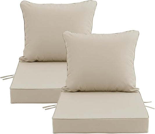 24x24 Inch Outdoor Chair Cushions Set of 2, Patio Furniture Cushions - Removable Cover, Water-Repellent, Fade-Resistant, Non-Slip Bottom & Straps, Replacement for Deep Seat Sofa & Couch - Cream