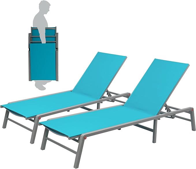Kozyard 2 Packs Lounge Chair Outdoor Foldable Lounge Chair with 5 Adjustable Backrest Patio Lounger, Assemble-Free, Recliner and Full Flat Chairs for Patio Beach Pool (2 Aqua Textilence W/O Table)