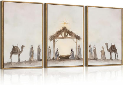 Anyzal Large Jesus Framed Wall Art 16x24 Inch Easter Catholic Nativity Scene Canvas Wall Decor Christian Religious Painting for Living Room Bedroom Dining Room Set of 3