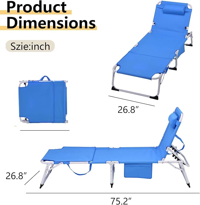 HRVEOCEI 3-in-1 Sun Tanning Chair with Face Hole,Adjustable 5-Position Folding Laying Out Chairs for Tanning,Outdoor Face Down Beach Lounger Sun Bathing Lounge Chair for Pool Deck Patio (Blue)