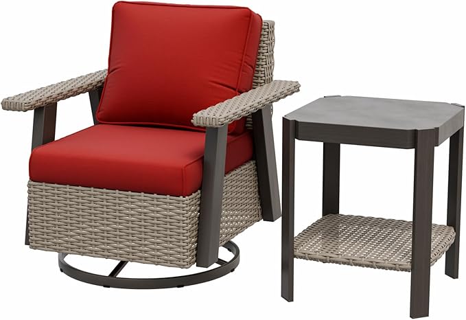 EAGLE PEAK Classic Wicker Patio Bistro Set of 2, Outdoor Patio Furniture with 360° Swivel Rocker Chair and Side Table, Lounge Set for Porch, Deck, or Balcony, Beige/Red