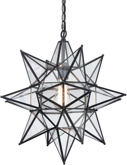 DIRYZON Boho Moravian Star Pendant Light 20 Inch Large Black Hanging Ceiling Light，Modern Clear Glass Pendant Lighting for Kitchen Island Porch Bedroom