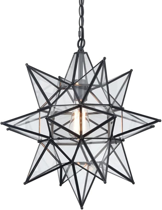 DIRYZON Boho Moravian Star Pendant Light 20 Inch Large Black Hanging Ceiling Light，Modern Clear Glass Pendant Lighting for Kitchen Island Porch Bedroom