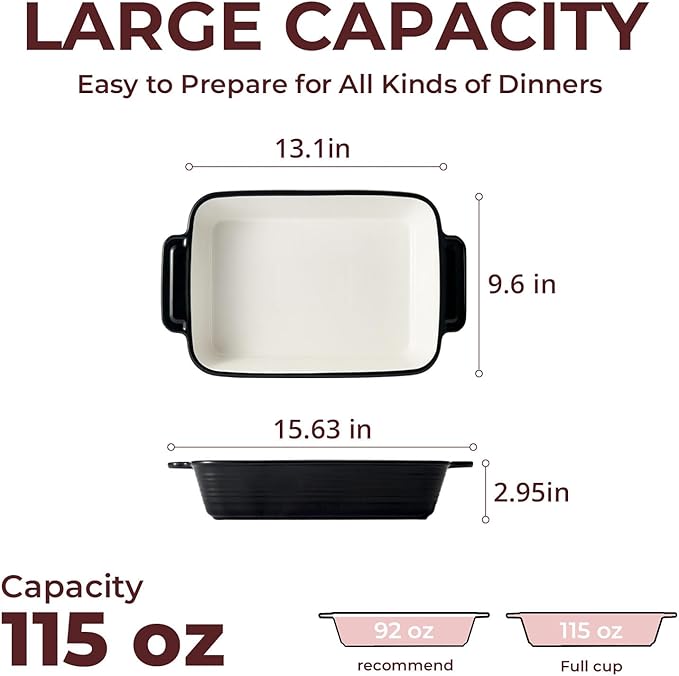 LIFVER Casserole Dish for Oven, 9x13 Ceramic Baking Dish, 115oz Large Lasagna Pan, Durable Deep Baking Pan with Handles, Oven Safe, Home & Kitchen Decor Gifts, Black