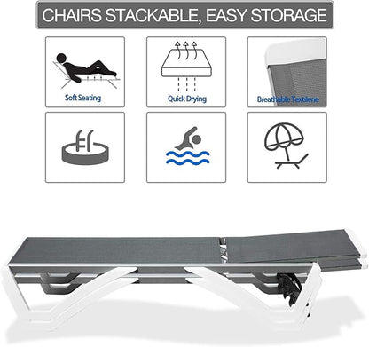 Domi Outdoor Chaise Lounge, Adjustable Aluminum Patio Lounge, Plastic Pool Lounge Chair for Deck Lawn Backyard (1 Grey Chair W/O Table)