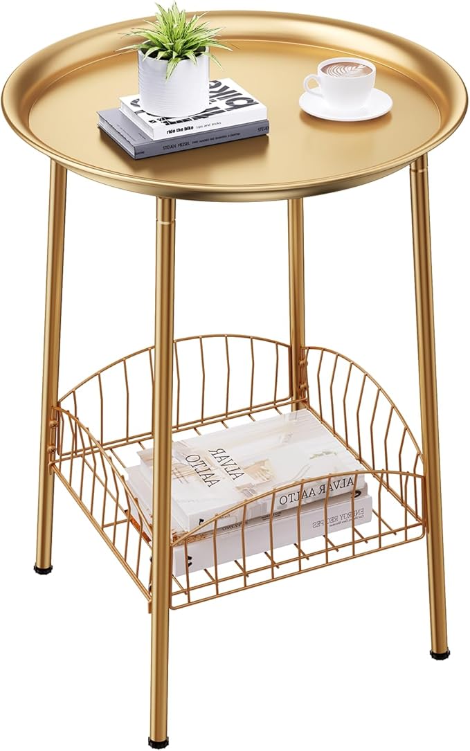 Small Outdoor Side Table, 2-Tier Round Metal Patio Table, Accent Table Waterproof, Weather Resistant End Table for Yard Porch Pool Balcony Garden Bedside (Gold)