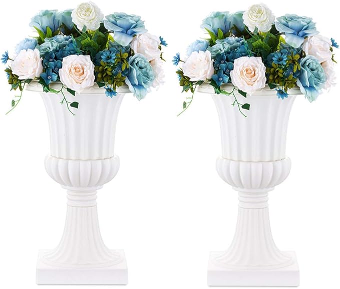 NUPTIO 2 Pcs Classic Urn Planter, 19.7 inch Tall Large Plastic Outdoor Urns Planters, Pedestal Flower vases Plant Pot, Resin Grecian Plants pots for Garden Porch Front Door, White