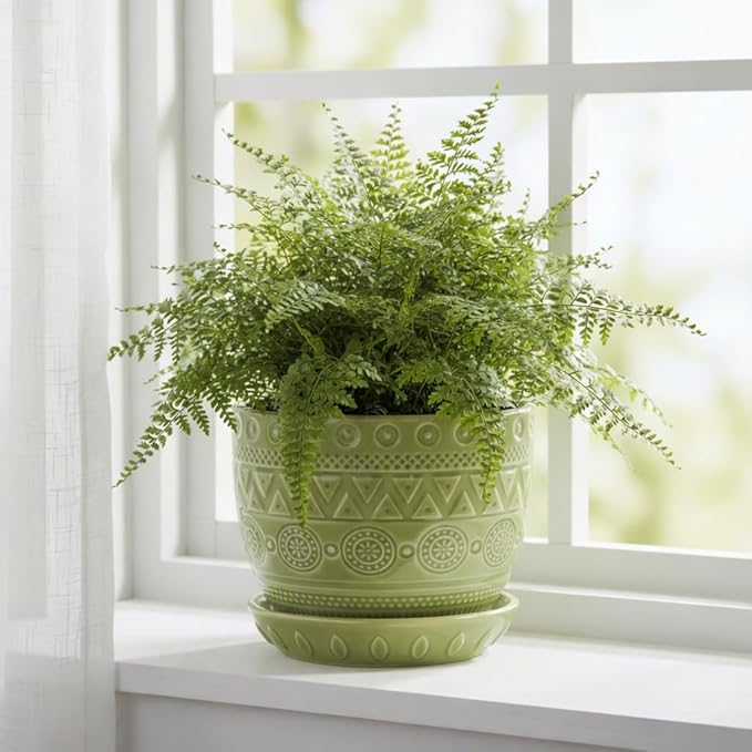 G EPGardening Indoor Plant Pot 5.5 Inch - Ceramic Planter with Drainage Hole and Saucer, Round Boho Plant Pot for Indoor Plants, Plant Lover Gifts, Home Garden Office Decor, Green
