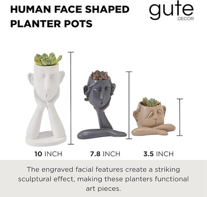 GUTE Human Face Shaped Succulent & Flower Planter Pots - Set of 3- Figurines for Garden - Indoor Outdoor Decorative Garden Figurines, Drainage Holes for Plants Artistic - White, Khaki, Grey