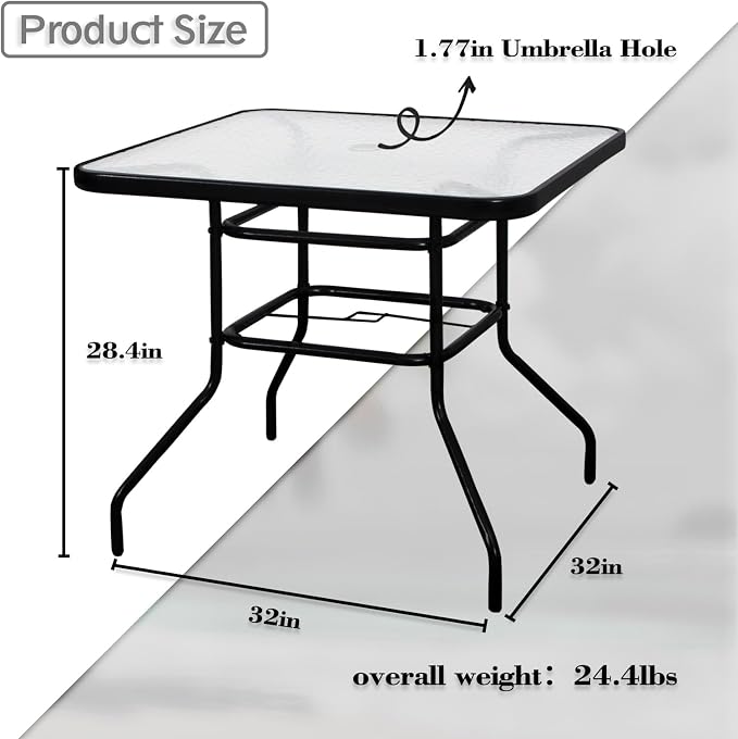 DIMAR GARDEN 32" Outdoor Coffee Table with Umbrella Hole, Patio Square Side Bistro Table with Glass Top, Black