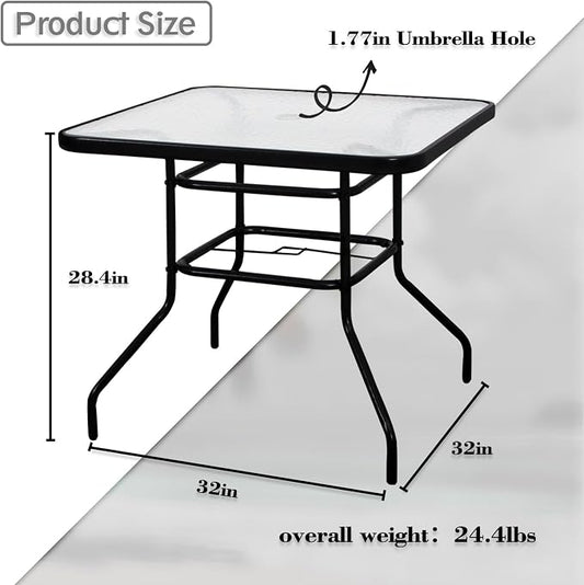 DIMAR GARDEN 32" Outdoor Coffee Table with Umbrella Hole, Patio Square Side Bistro Table with Glass Top, Black